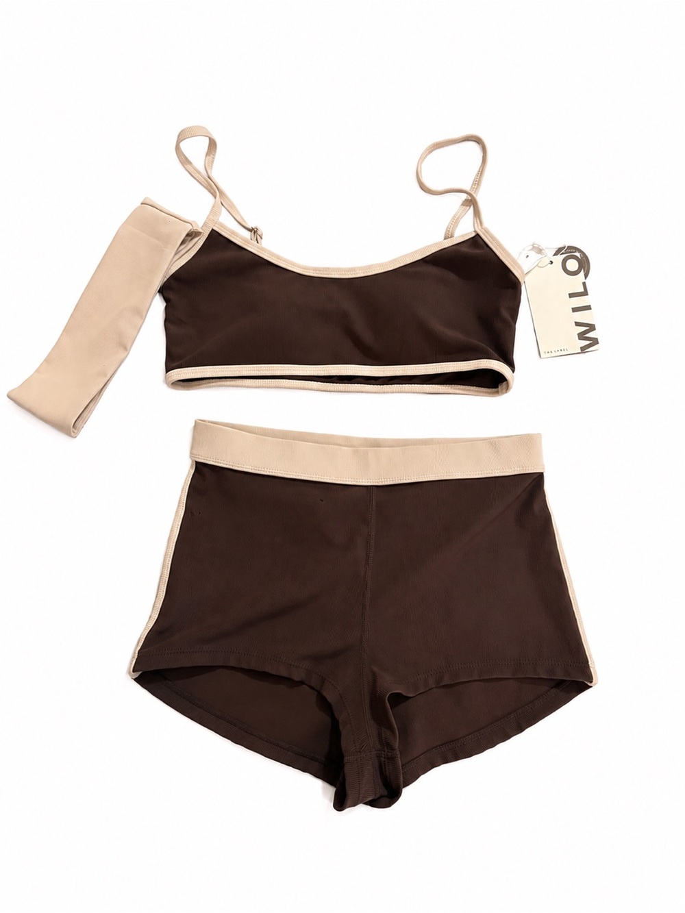 WILO 2PC Contrast Bind Bikini Workout Set with Headband Coffee Brown